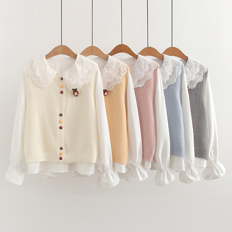 5861 Japanese Style Preppy Style Colorful Button Carrot Rabbit Vest | +Lace Collar Shirt Two-Piece Women's Suit Wholesale