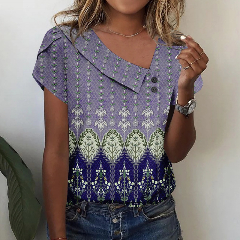 Cross-border Amazon independent site summer new women's clothing European and American fashion 3D printed V-neck button short-sleeve T-shirt top Cross-border Amazon independent site summer new women's clothing European and American fashion 3D printed V-neck button short-sleeve T-shirt top
