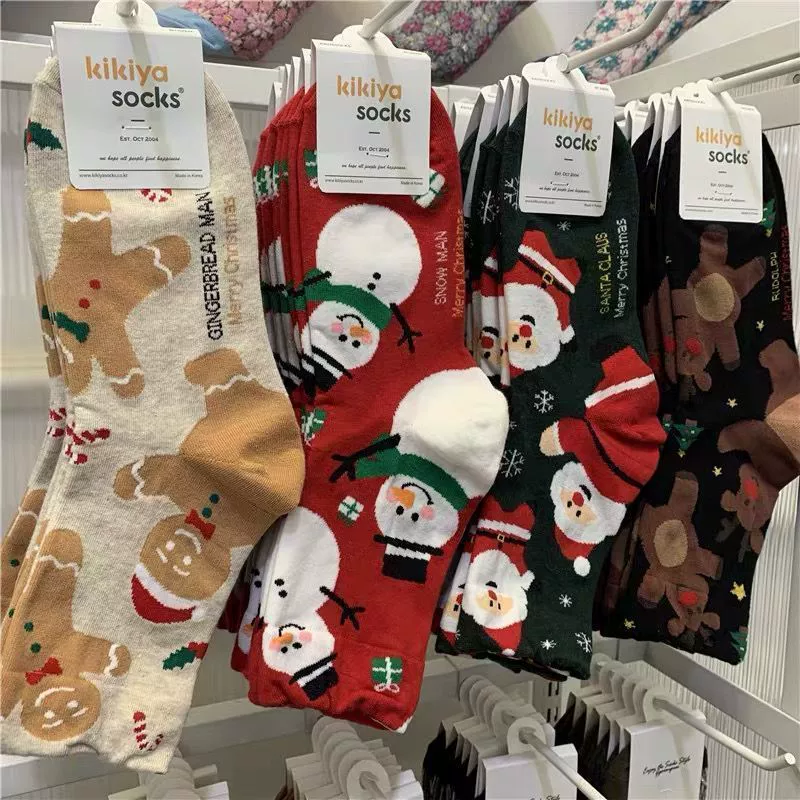 Kikiyasocks корейские женские носки, мультяшные новогодние носки Санта Клаус, студент, гольфы средней длины