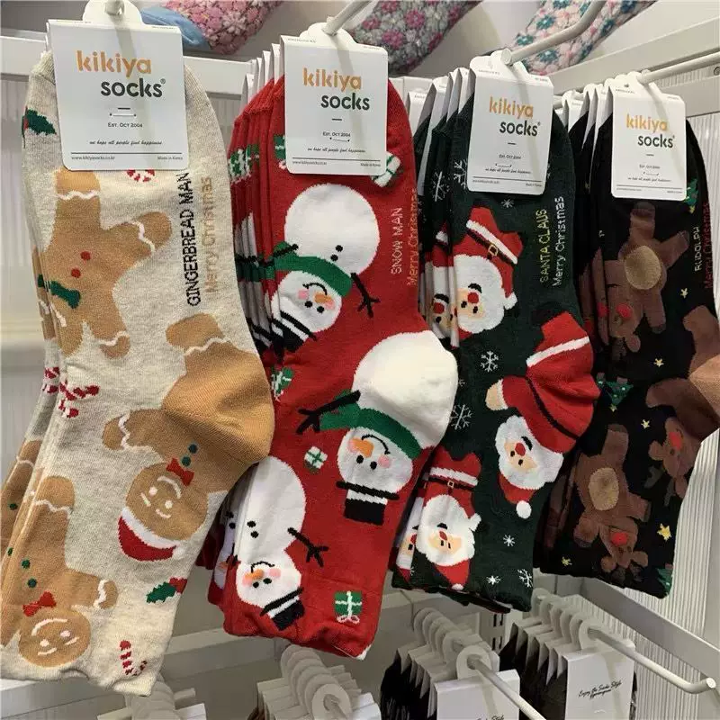 Kikiyasocks корейские женские носки, мультяшные новогодние носки Санта Клаус, студент, гольфы средней длины