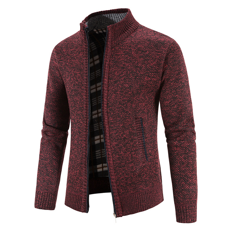 Hombres forrados de lana engrosada cuello de pie cardigan suéter comercio exterior juventud color sólido simple delgado suéter cálido abrigo de moda