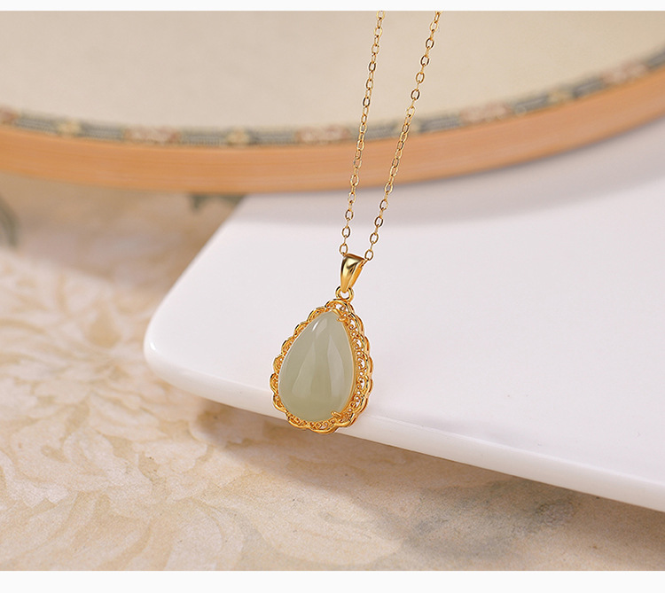 Mặt dây chuyền bạc S925 mạ vàng đính ngọc Hotan hình giọt nước phong cách thanh lịch — Kiểu 2 (không bao gồm chuỗi) chi tiết 4