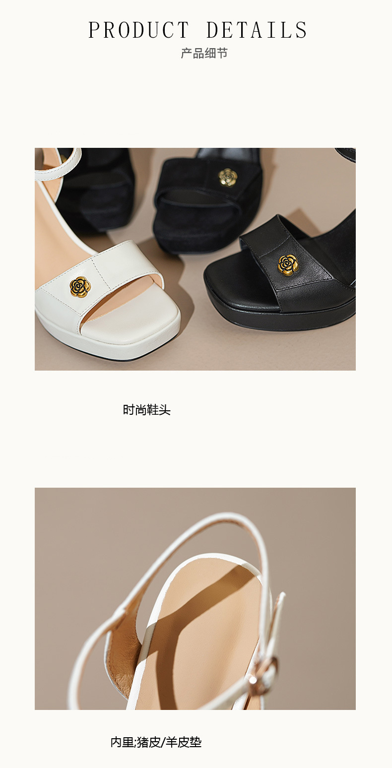 Sandal cao gót nữ hở mũi quai một chữ khóa, gót thô đế dày 10.5 cm — Da bò trắng gạo chi tiết 9