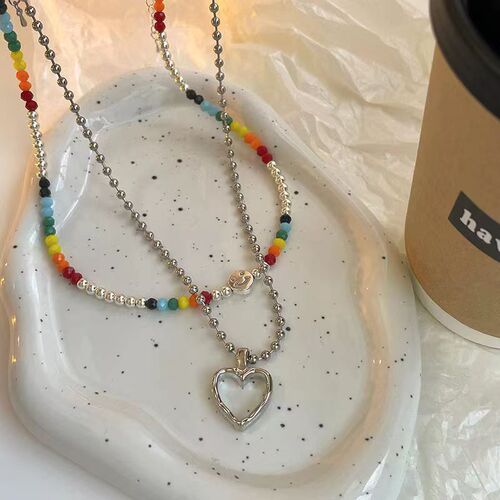 Ins style rainbow color crystal beaded smiley face love stacking set clavicle chain necklace female cute casual necklace