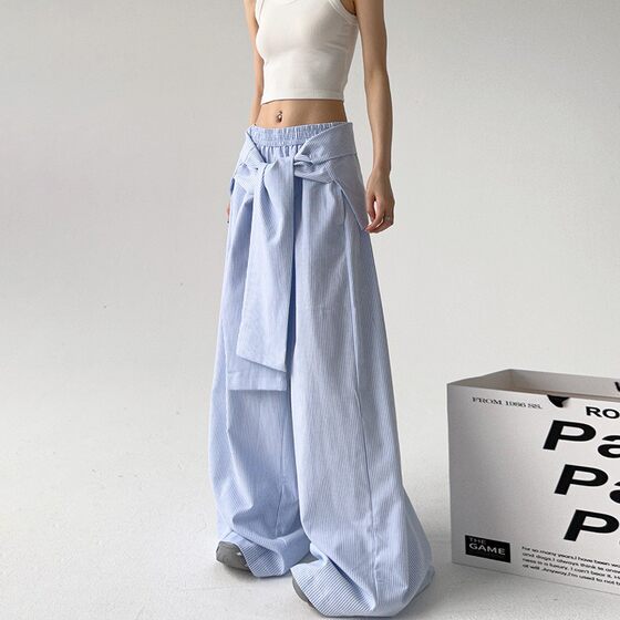 Striped Casual Pants Women's 2025 Spring and Autumn New Arrival Strap Waist Cover Loose Straight Leg Wide Leg Pants Design Sense Mop Pants