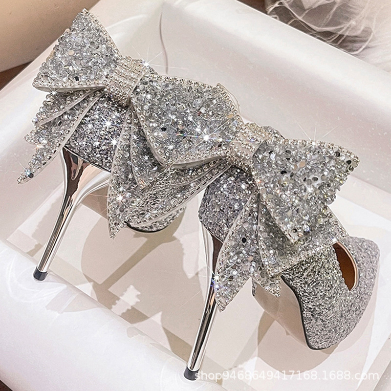 Silver French Fairy Crystal Diamond Adult 18th Birthday Gift Bow Bride Main Yarn Wedding Shoes High Heels
