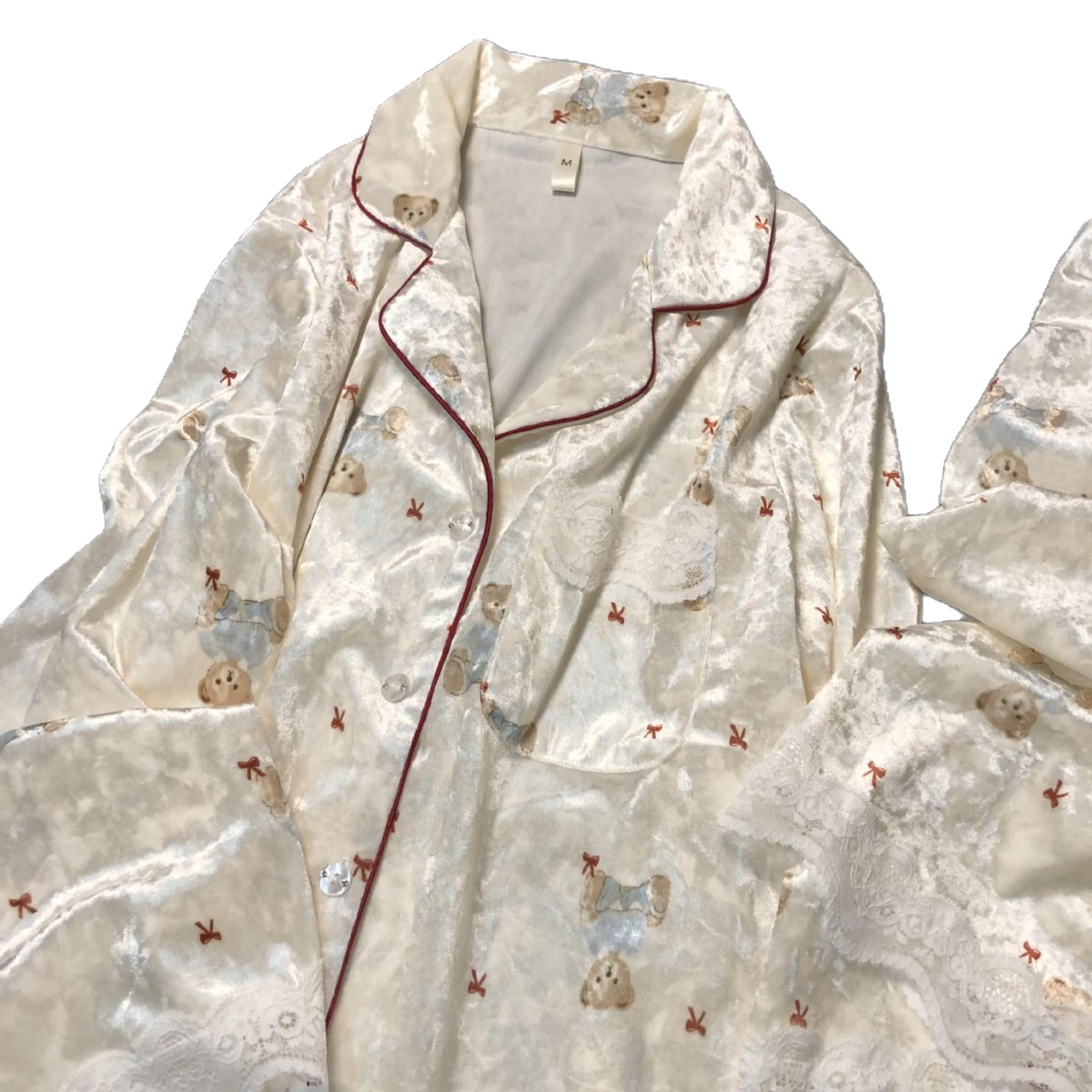 2024年の新型冬の金のベルベットのおやすみの熊のパジャマの女性のかわいい部屋の服の長袖のズボンのカーディガンのスーツ