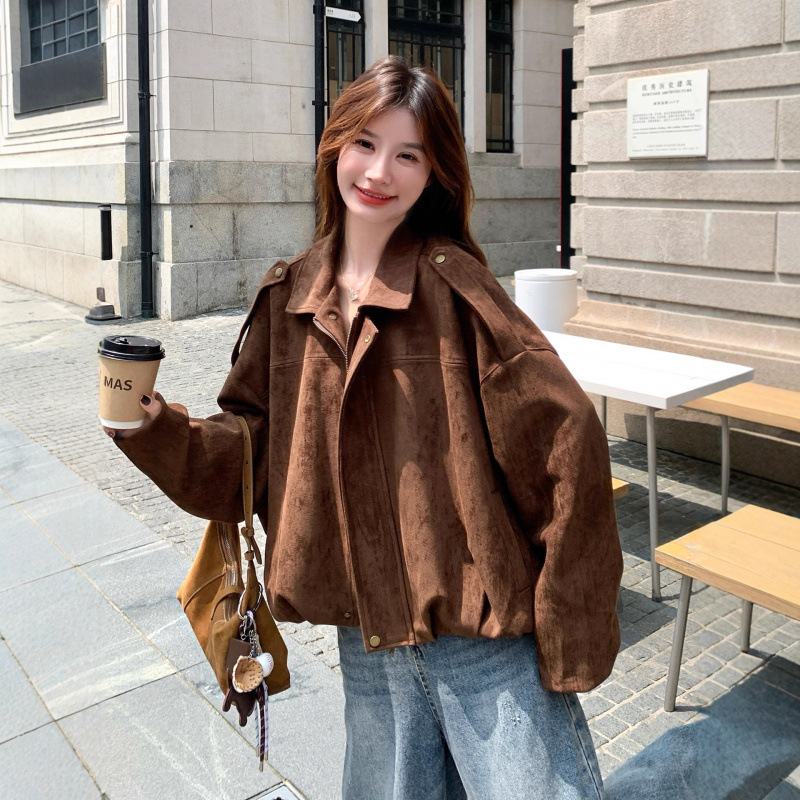 Retro Fashion Brown Suede Tops Women's 2025 Spring and Autumn New Maillard High-Quality Lapel Tops Short Top