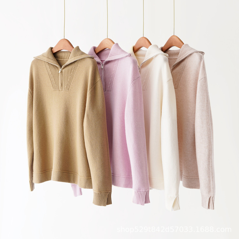 Town Store L~P Old Money Style Series! 25 New Autumn and Winter Cashmere Wool Lapel Half-Zip Pullover Knitwear for Women