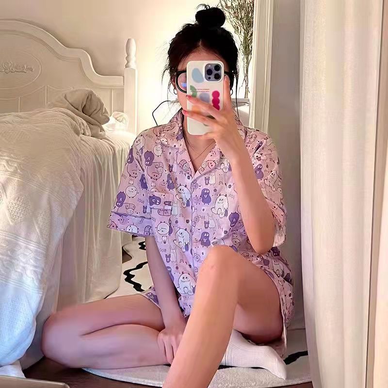 Pijamas de manga corta de verano de dibujos animados de las mujeres de estilo coreano vaca suelta ins estilo wechat celebridad en línea de dos piezas ropa para el hogar
