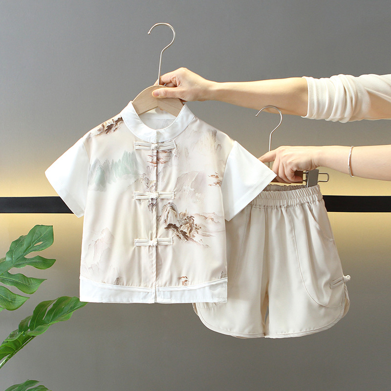 7864 Traje de traje Tang de estilo chino de verano para niños 2025 nueva ropa de verano para niños Hanfu nueva moda de servicio de rendimiento chino