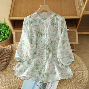 Actual Shot of 2025 Classy Hot Stamping Process Floral Shirt, Chinese Style, New Chinese Style, Loose Slimming Look Top, Retro Style