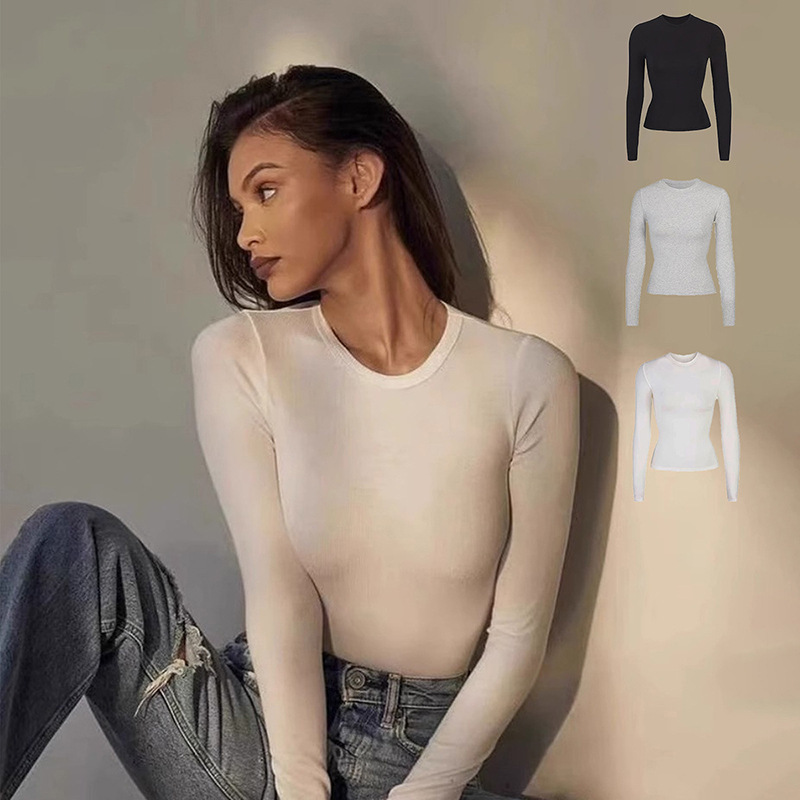 in stock Texture Skin-Friendly Skims Shoulder Modal Stretch Tight Sports Long-Sleeved T-Shirt Waist Top Base Shirt