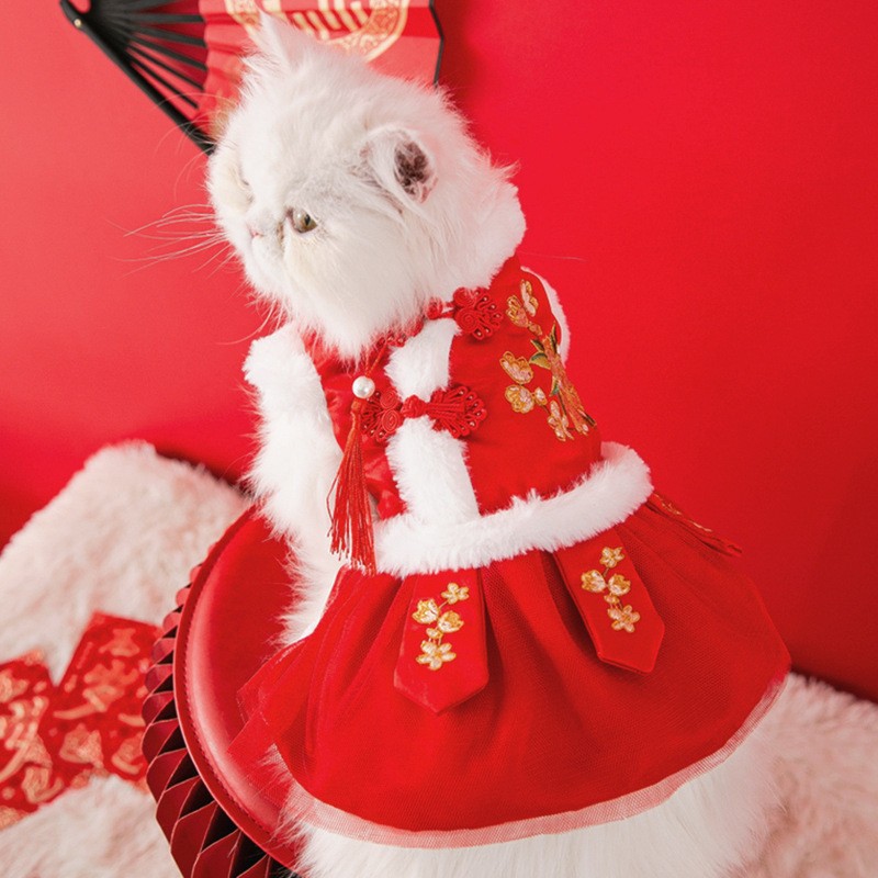 Ropa de Año Nuevo para gatos en invierno engrosado vestido de China mascota gatito gato muñecas de otoño y invierno gato azul camisa de Año Nuevo