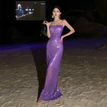 海边沙滩裙显瘦显气质紫色珠片闪亮性感包臀连衣裙度假裙晚宴礼服