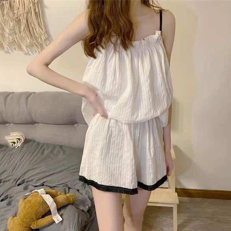 睡衣女夏季薄款吊带性感两件套ins风小清新家居服坑条套装