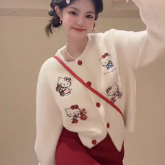韩系卡通图案刺绣针织开衫女水貂绒秋冬新款甜美软糯减龄百搭外套