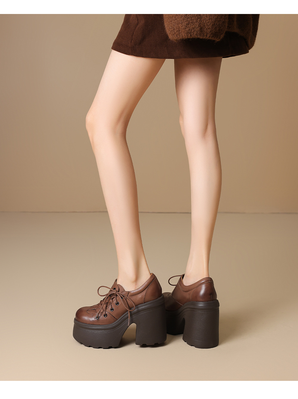 Giày cao gót nữ da thật phong cách Anh quốc cổ điển gót vuông 12 cm đế platform — màu nâu chi tiết 5