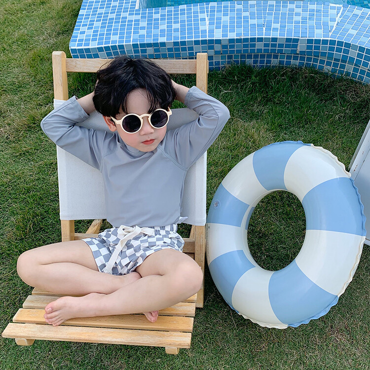 Children's chessboard Plaid long sleeve suit 2023 new boys' split swimsuit female baby neutral seaside beach swimsuit