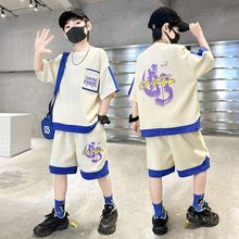 男童华夫格套装2024新款韩版男孩洋气短袖中大童夏款休闲两件套潮