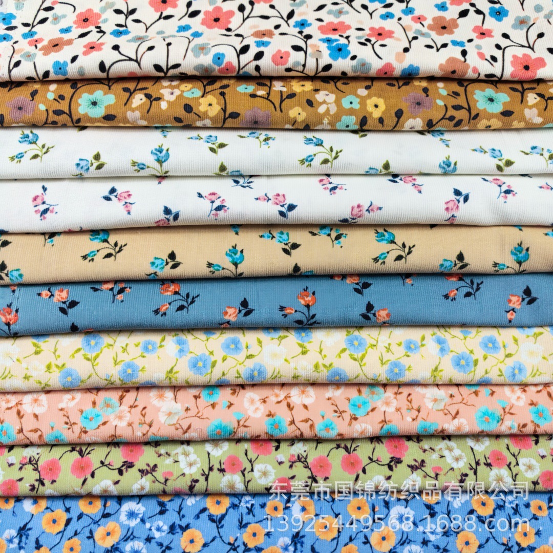 小清新条绒印花布 纯棉21坑灯芯绒印花 童装女装家纺玩具面料