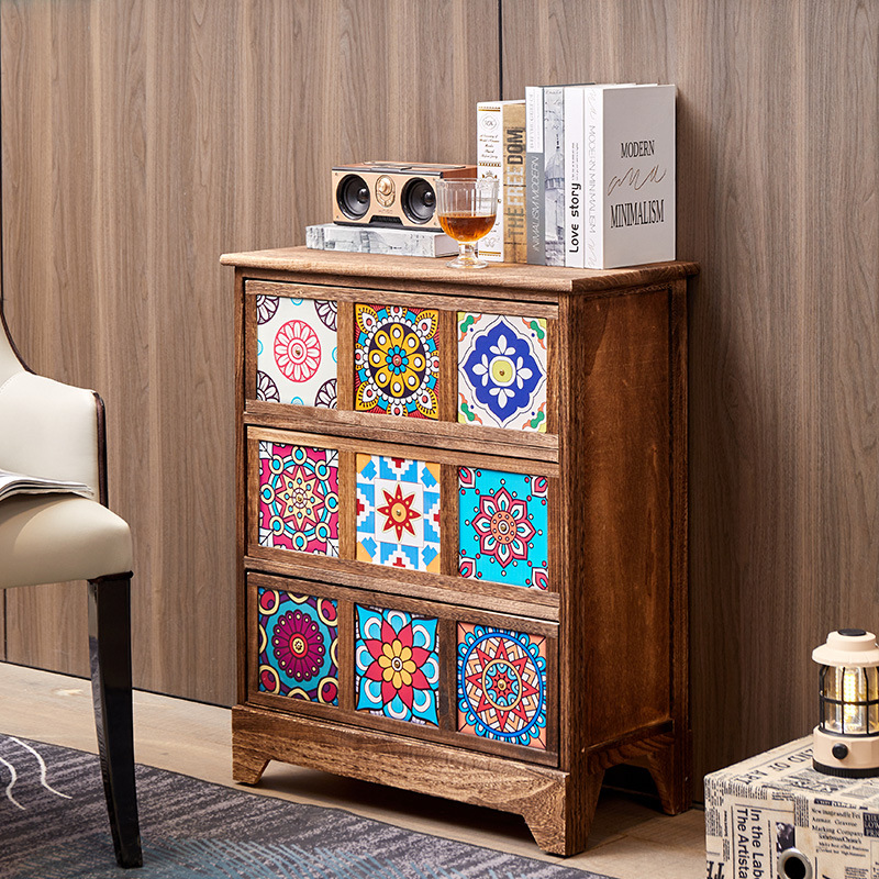 Mesita de noche americana, armario de almacenamiento creativo pastoral retro, armario de almacenamiento de madera, armario de almacenamiento de estilo étnico pintado
