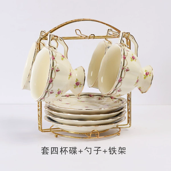 Blue-edge floral four-cup plate with spoon with iron rack-general bag