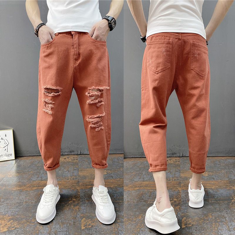 2023 New Men's Big Ripped Skinny Jeans Korean Fashionable Capri Pants Slim-fit Couple's Leg Harem Pants