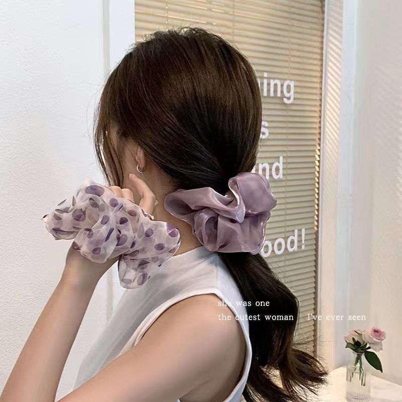 夏の紫色の水玉模様〜控えめでレトロでファッショナブルな肥厚腸リング気質ヘッドフラワー肥厚腸ゴムバンド高級シルク糸|undefined