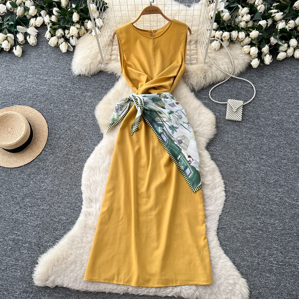Elegant Sleeveless Round Neck Dress Style Summer Asymmetrical Long Dress With Scarf And Slit Sophisticated Tie Waist For Commuting_ecoleips.com