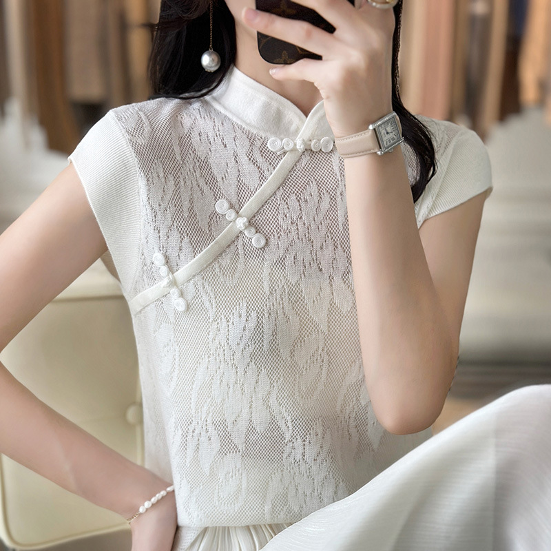 新中式旗袍领复古盘扣短袖针织衫T恤女夏季新款国风镂空提花上衣