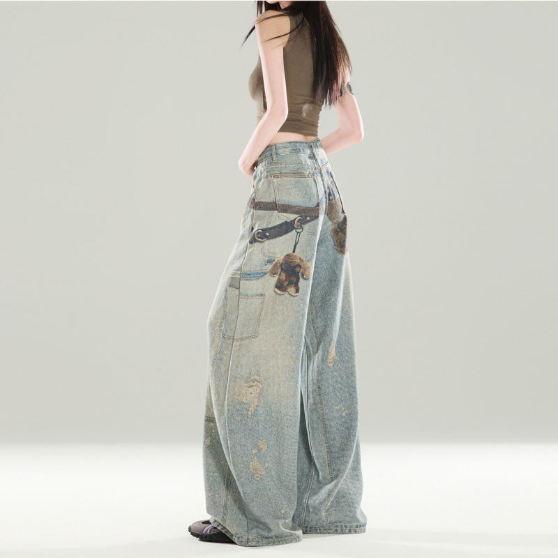 Men's Vintage Washed Print Jeans Hip-Hop Straight-Leg Loose Fit Denim Blue Breathable Polyester Blend S-3XL_mkmklike.com