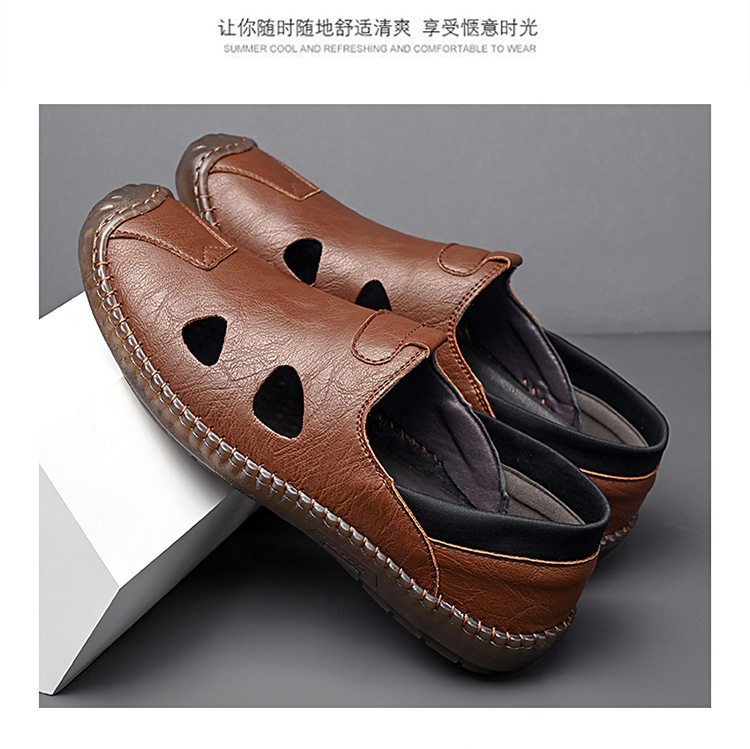 Giày sandal da nam thủ công đan dây, thoáng khí khoét lỗ, kiểu bao đầu — Màu kaki, màu đen chi tiết 18