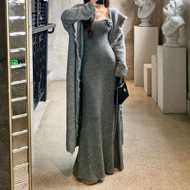秋冬新款韩版中长款连帽针织开衫女宽松慵懒风休闲过膝流苏边外套|undefined