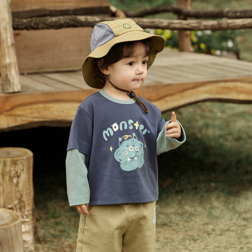Tongbei 2024 spring children's clothing for boys and girls T-shirt long-sleeved fake two-piece top with Korean style color-blocking bottoming shirt