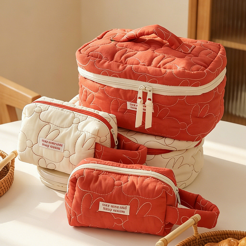 Cartoon Cute New Red and White Rabbit Quilted Portable Makeup Bag Large Capacity Handheld Toiletry Storage Bag