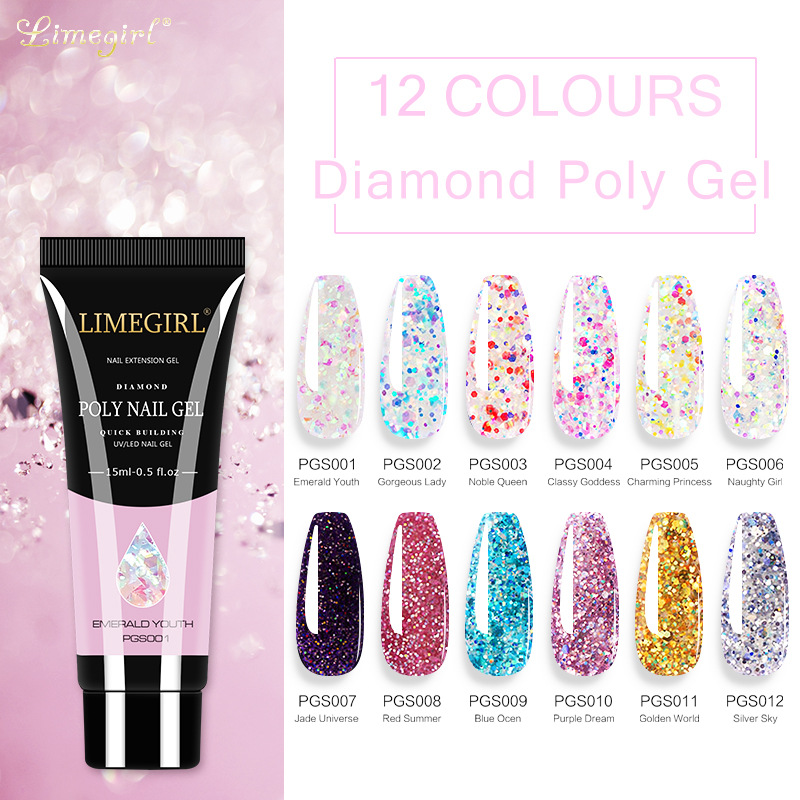 12 colores pegamento de extensión de brillo de uñas pegamento de extensión de lentejuelas de uñas pegamento de extensión rápida indolora Glitter pegamento de extensión de cristal