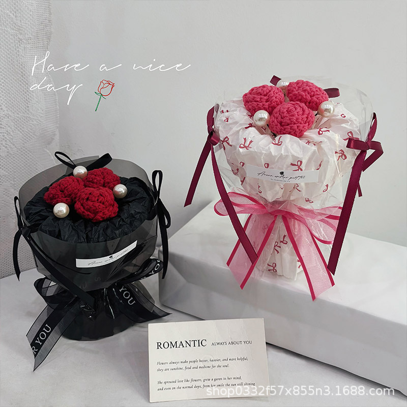 仿真永生花毛线钩织玫瑰小花束七夕教师节伴手礼礼品跨境厂家批发