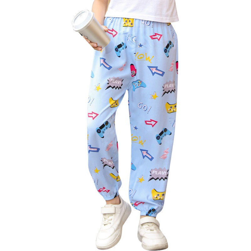 2023 новые летние детские хлопчатобумажные брюки с принтом, детские свободные дышащие домашние брюки-фонарики с завязками на щиколотке