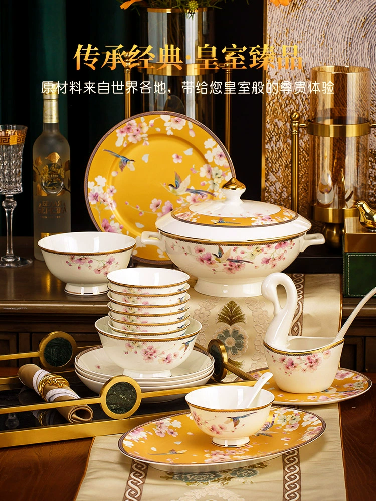 Набор мисок Домашний Jingdezhen керамическая посуда Китайская золочение-стиль золотая кайма посуда костяная фарфоровая сервировка блюд комплект