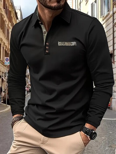Wish Spring and Autumn New Men's Casual Button-Down Pocket Polo Shirt in Solid Color and Long Sleeve