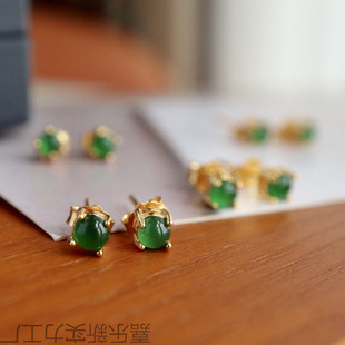Natural Jade Earrings A-Grade Ice Yang Green Spicy Green Earrings Small Bulb S925 Sterling Silver Inlaid Jade Earrings Wholesale
