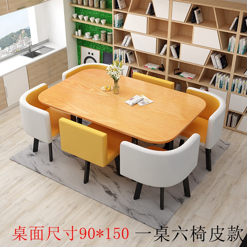 150*90 color madera mesa de cuero amarillo amarillo y blanco una mesa seis sillas