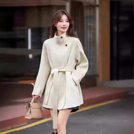 高端立领双面羊毛大衣女中款2024春季新款韩版系带显瘦羊毛呢外套