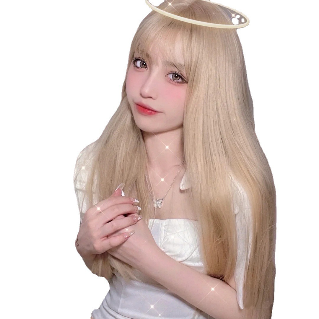 Japón y Corea del Sur explotaron el aire dorado claro cabello largo recto y peluca de frange natural realista fibra química cubierta de cabeza completa
