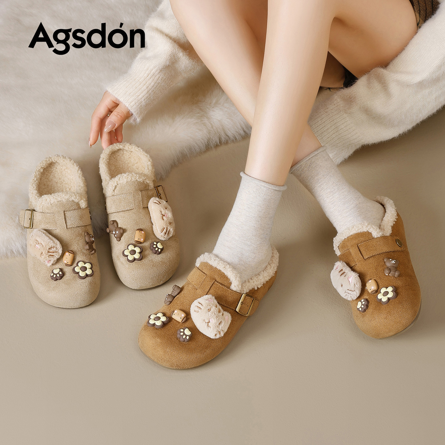 2026 nuevo estilo de primavera de veludo y grueso un pedazo grueso de zapatillas de lana de fondo grueso