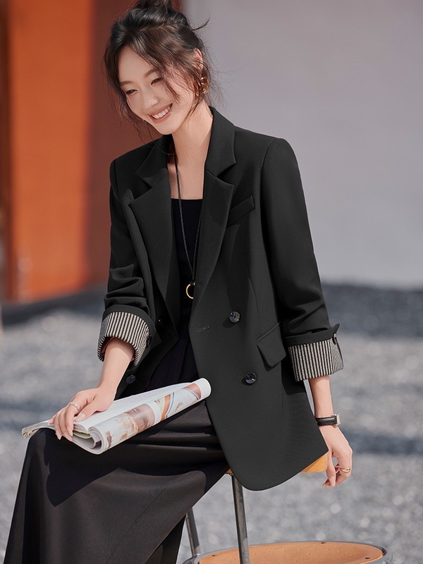 春秋新款韩版休闲西装外套女2025宽松大件气质西服上衣拼接双排扣|undefined