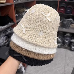 可爱蕾丝蝴蝶结减龄显瘦毛绒渔夫帽子女秋冬保暖卡通花朵盆帽桶帽