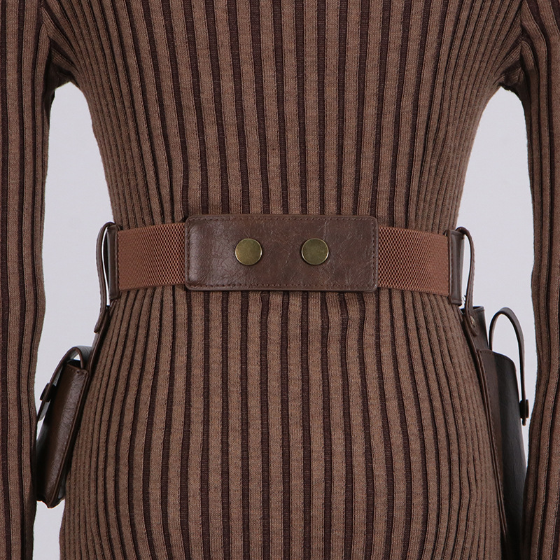 Long Dress Autumn Pocket Belt Design Waist Tight Slimming Knitted Dress Women