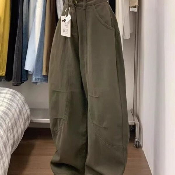 Army Green American Silhouette Scimitar High Street Workwear Wide-Leg Jeans for Women Retro Loose Straight Casual Long Pants